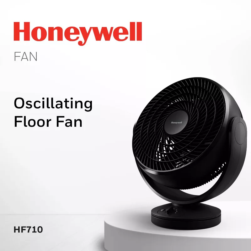 Honeywell HF710 Turbo Force Oscillating Floor Fan Black: Portable Electric Fan for Rooms, Adjustable Tilt, 3 Speeds