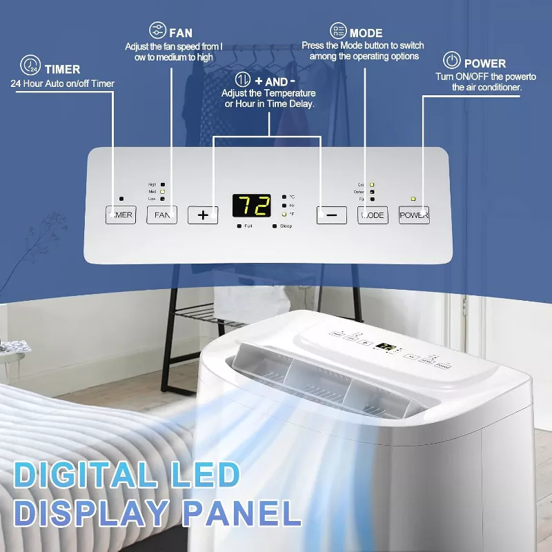14,000 BTU Portable AC with Remote! Cools Rooms up to 700 Sq.Ft. 3 in 1 Function, Digital Display, 24H Timer, Installation Kit