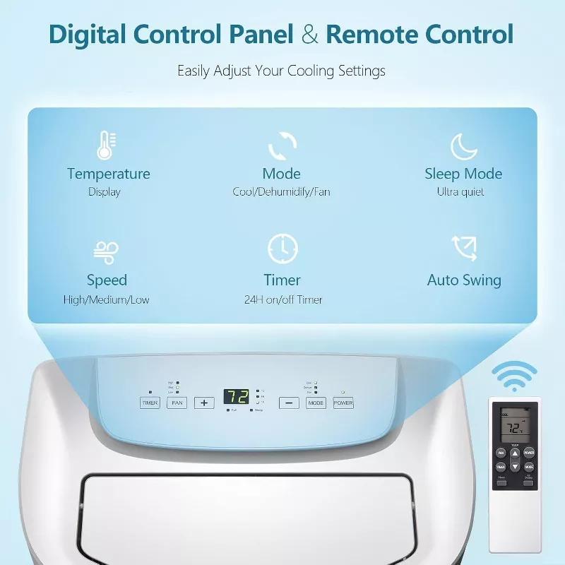 14,000 BTU Portable AC with Remote! Cools Rooms up to 700 Sq.Ft. 3 in 1 Function, Digital Display, 24H Timer, Installation Kit